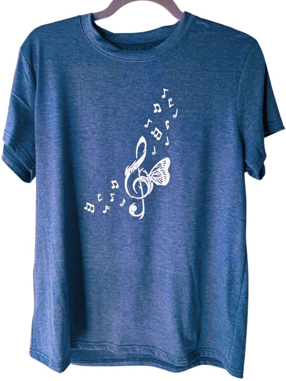 Butterfly Treble Clef Tee Size L Blue Music Graphic Shirt Soft Stretch Top - Picture 6 of 12